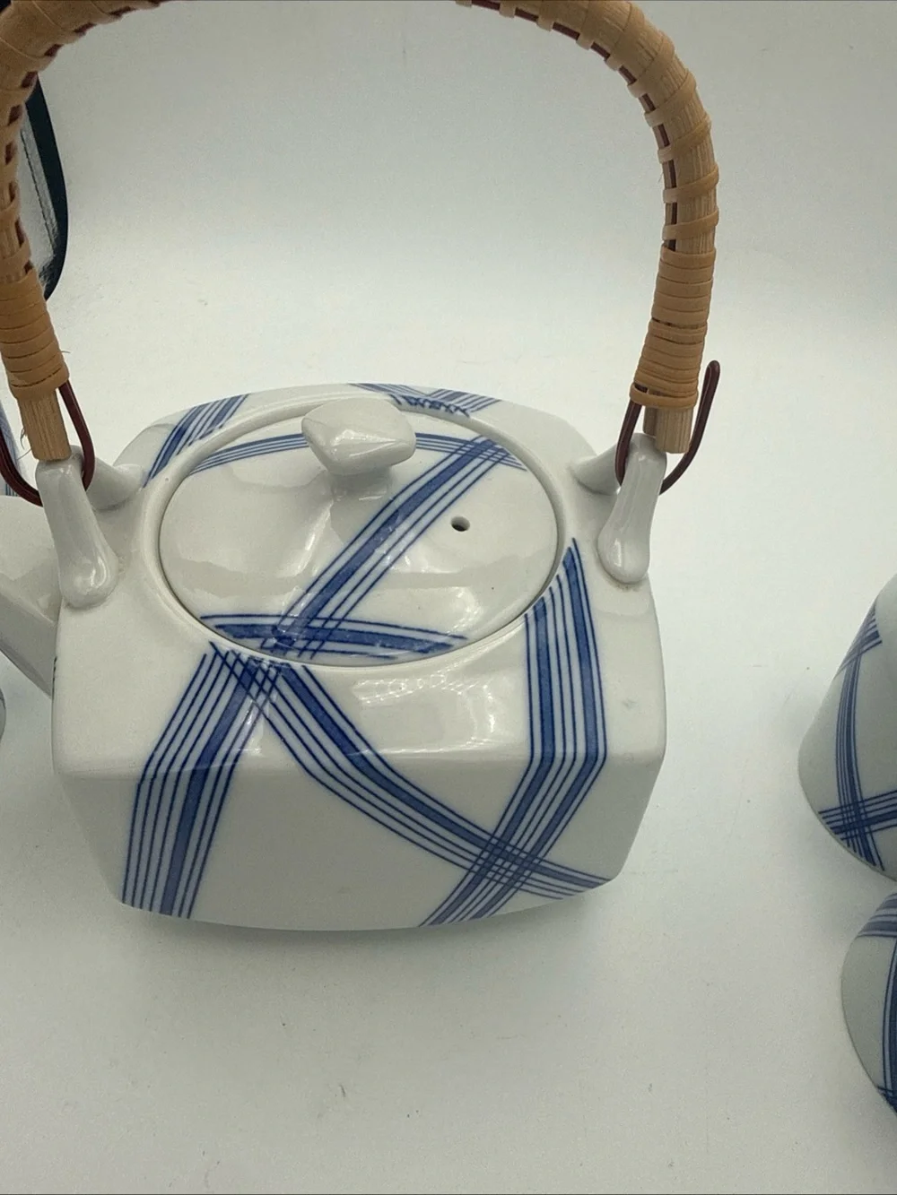Blue & White Porcelain Teapot Set with Bamboo Handle - 5pc